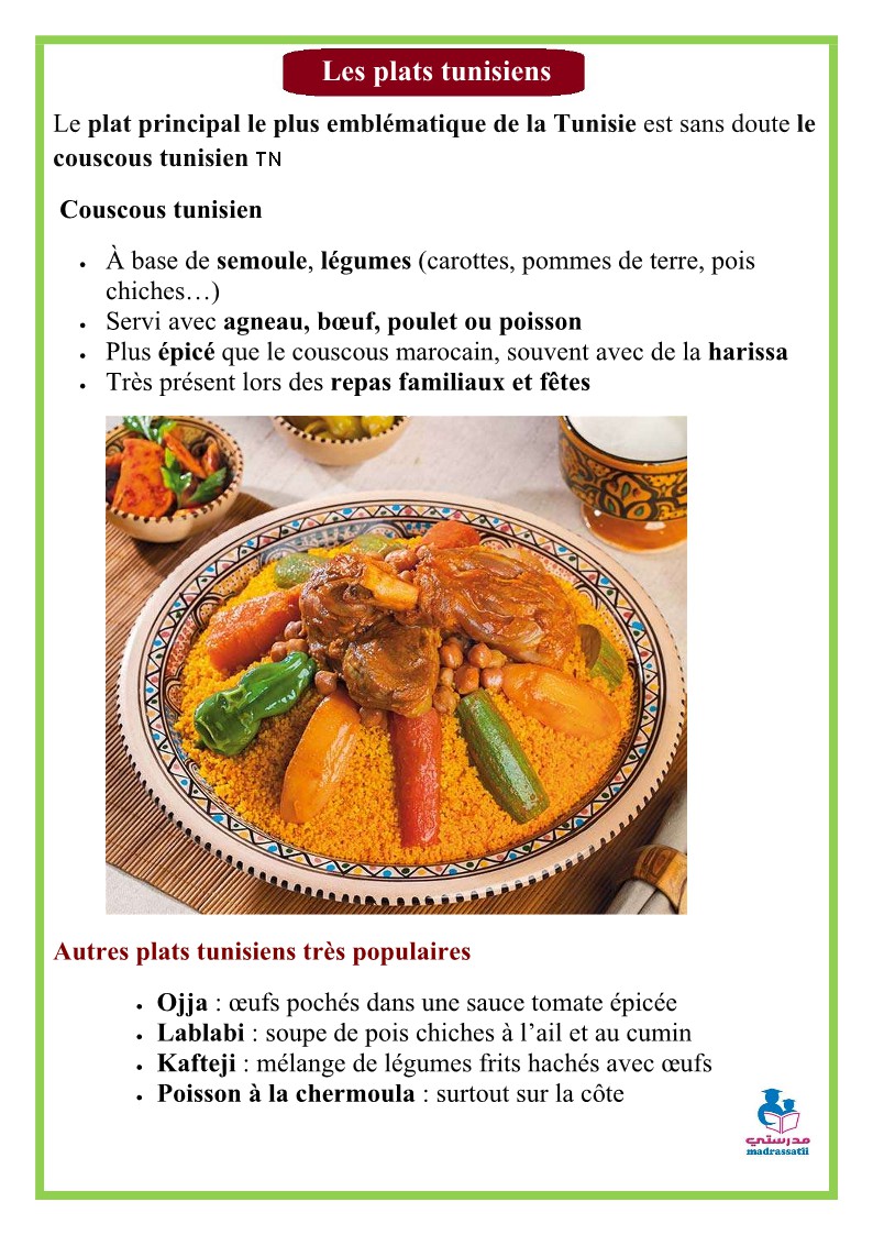 découvrir d'autres modes de vies les plats tunisiens plats du Japan plats d'Afrique du sud