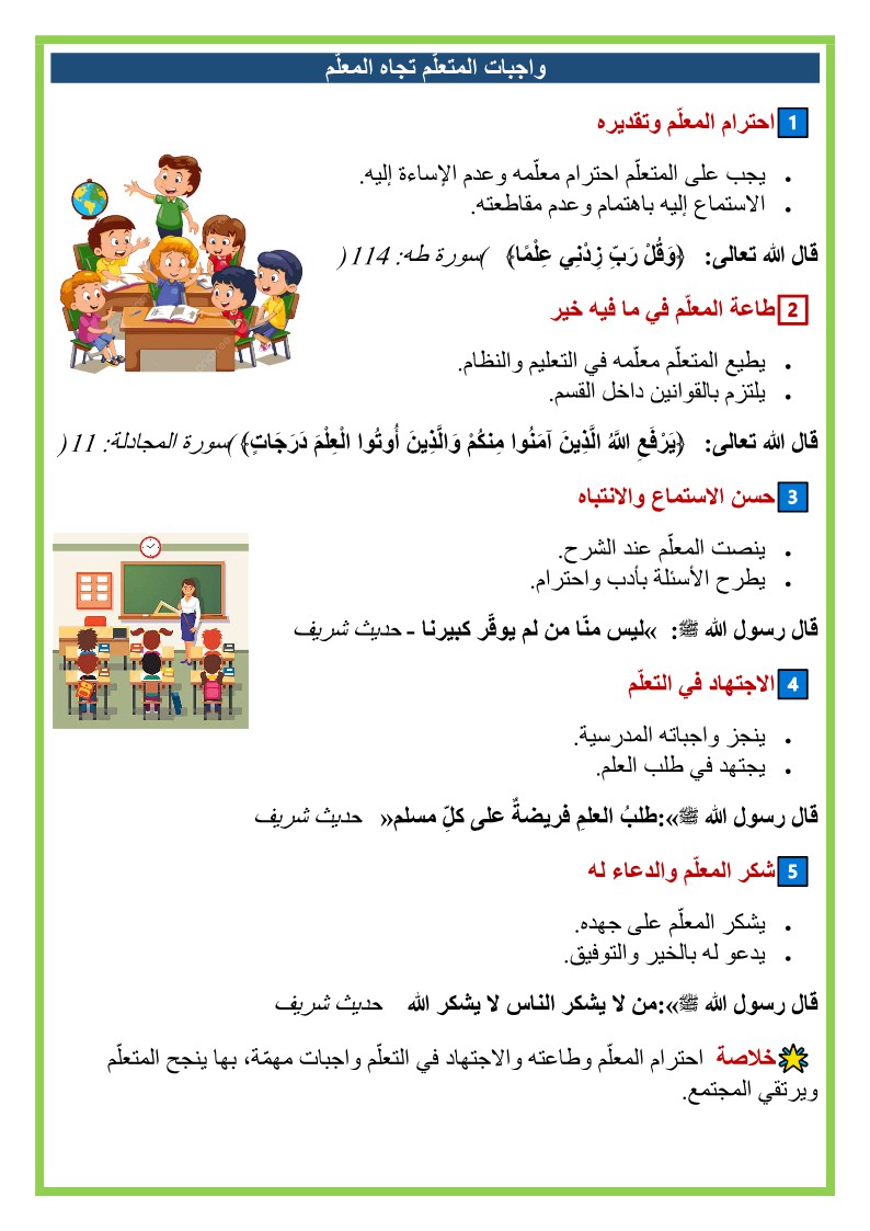 واجبات المتعلم تجاه المعلم مع أحاديث و آيات