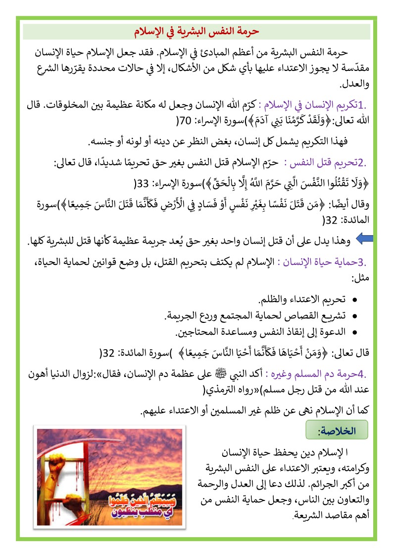 حرمة النفس البشرية في الاسلام تربية اسلامية السنة 9 اساسي
