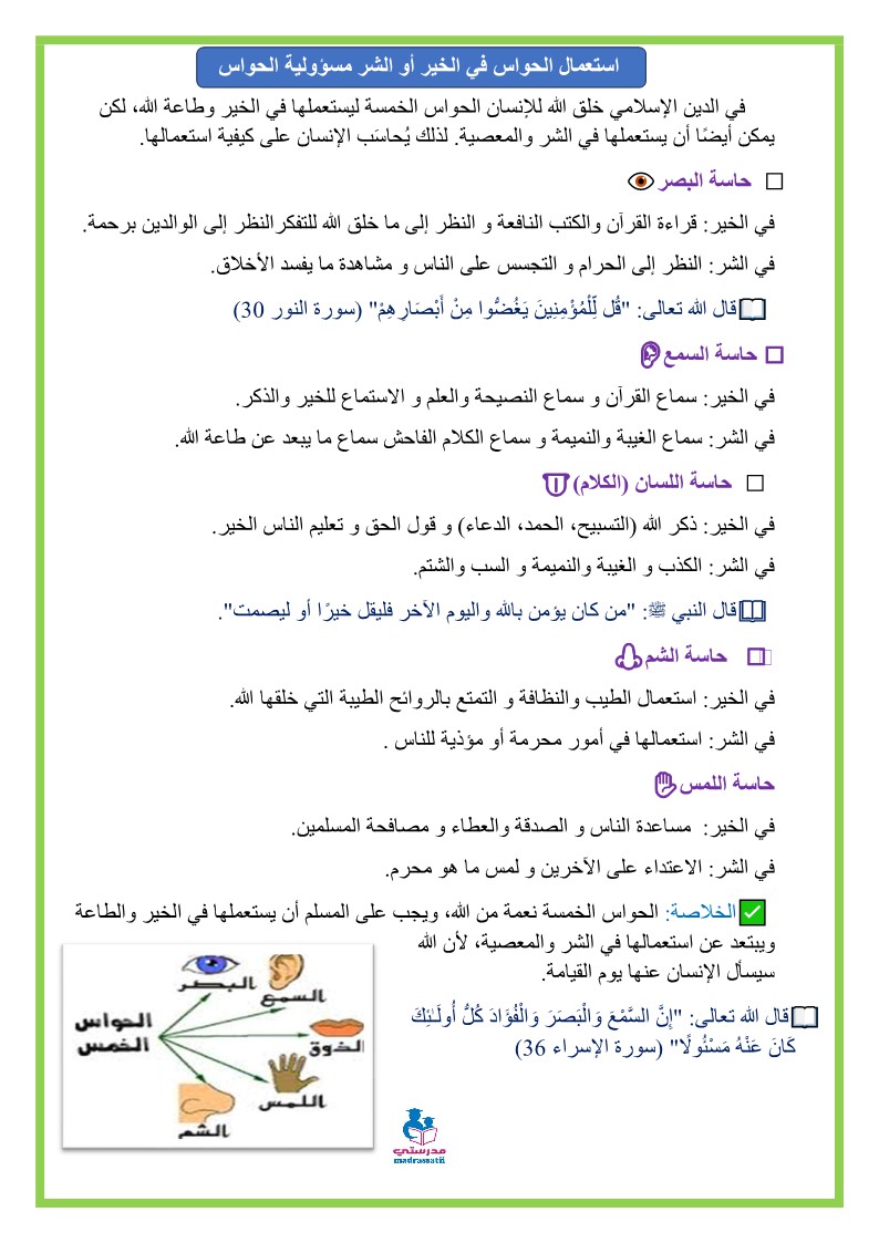 مسؤولية الحواس او استعمال الحواس في الخير و الشر
