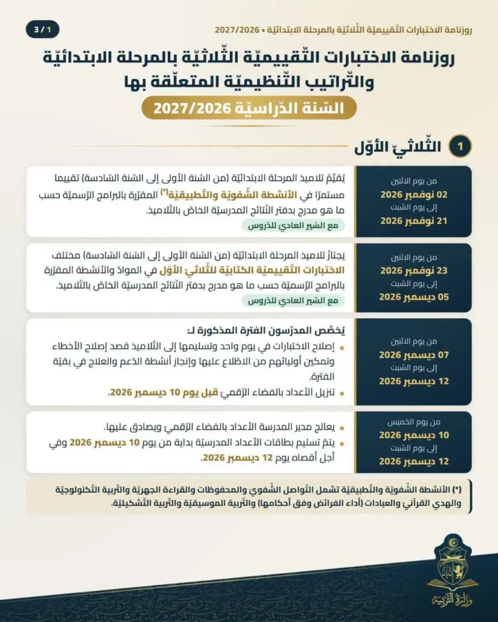 روزنامة الاختبارات التّقييميّة بالمرحلة الابتدائيّة 2027/2026