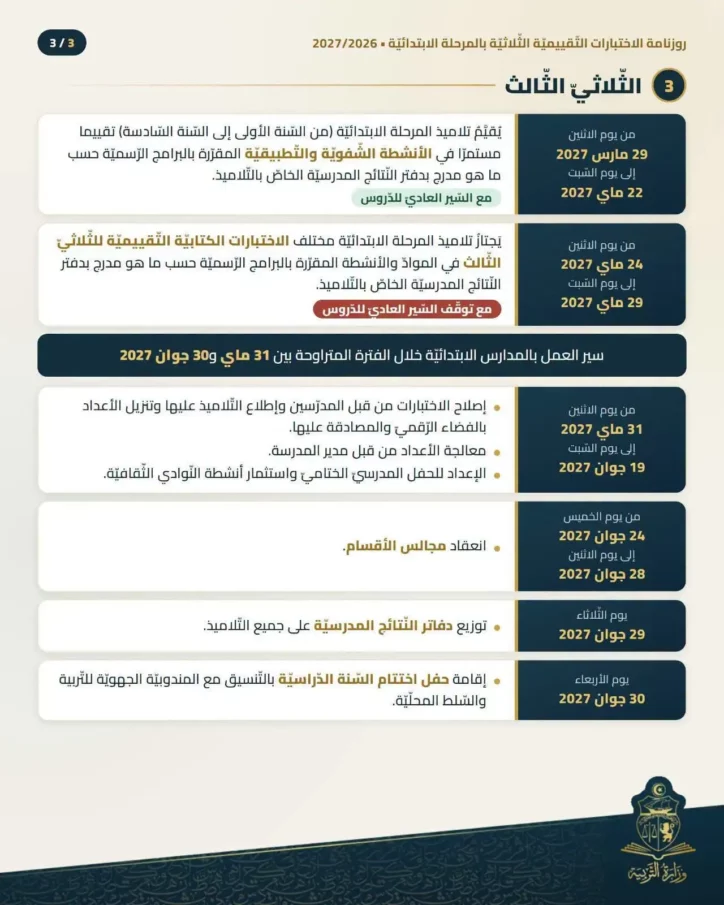 روزنامة الاختبارات التّقييميّة بالمرحلة الابتدائيّة 2027/2026